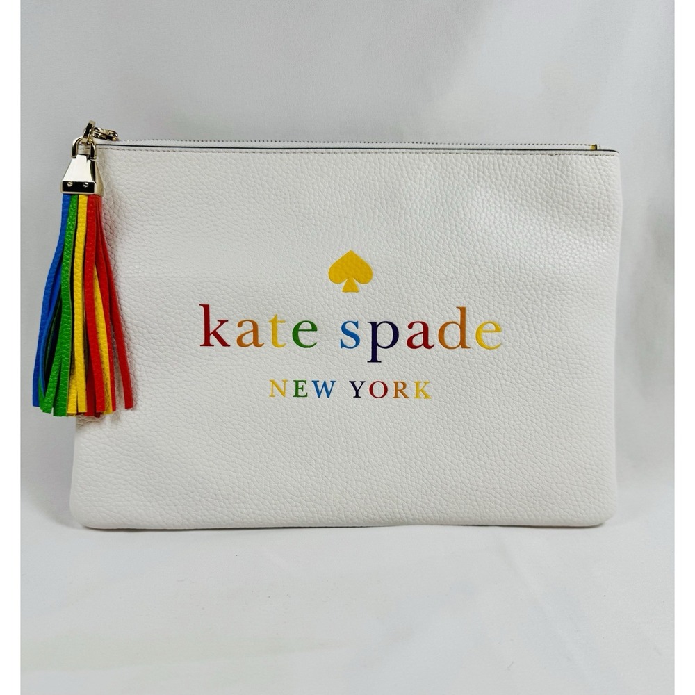 Kate Spade New York White Pebbled Leather Rainbow Logo Large Pouch Clutch Tassel